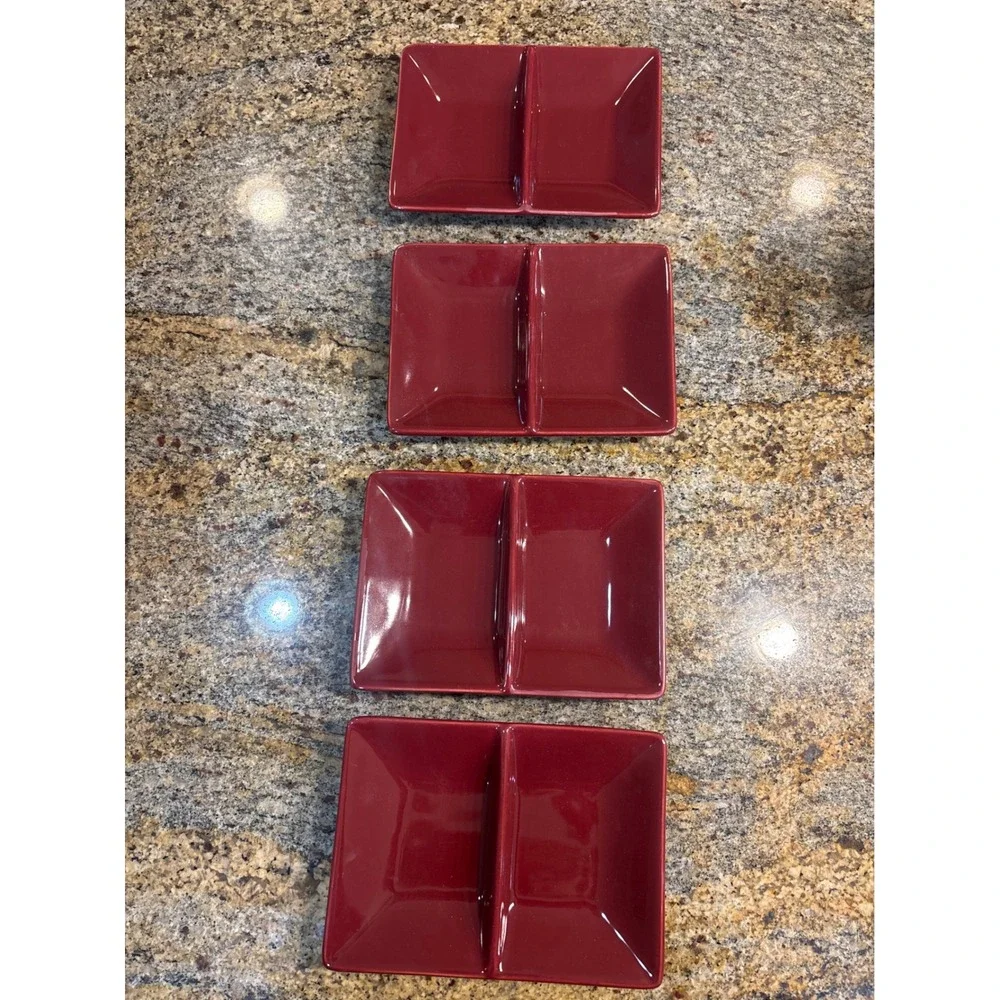 Chantal Burgundy Red Ceramic Party Plates Set of 4 Rectangular Divided 91-FP17/4
